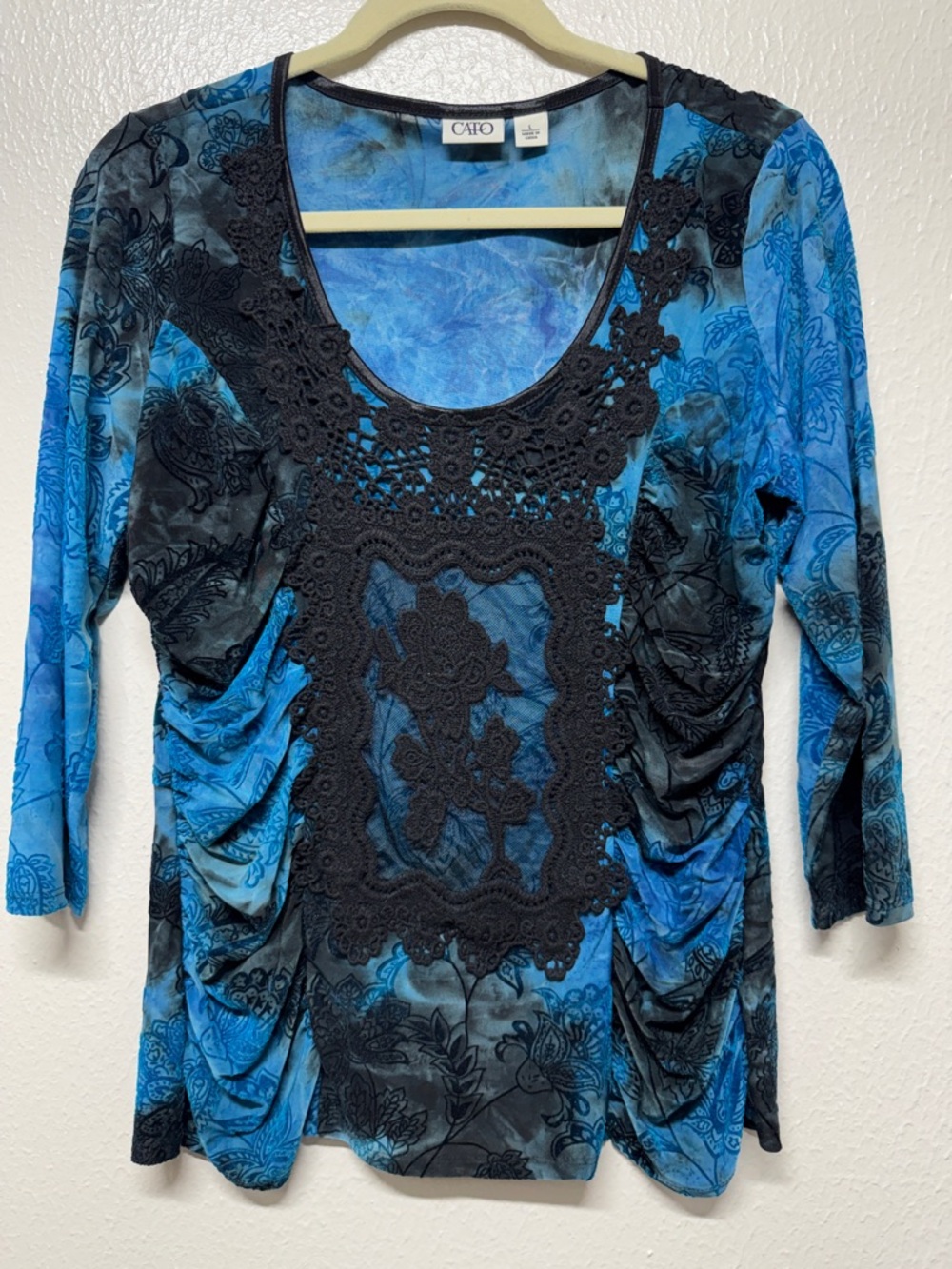 Cato Blue & Black Crochet-Front Scoop Neck Long Sleeve Top